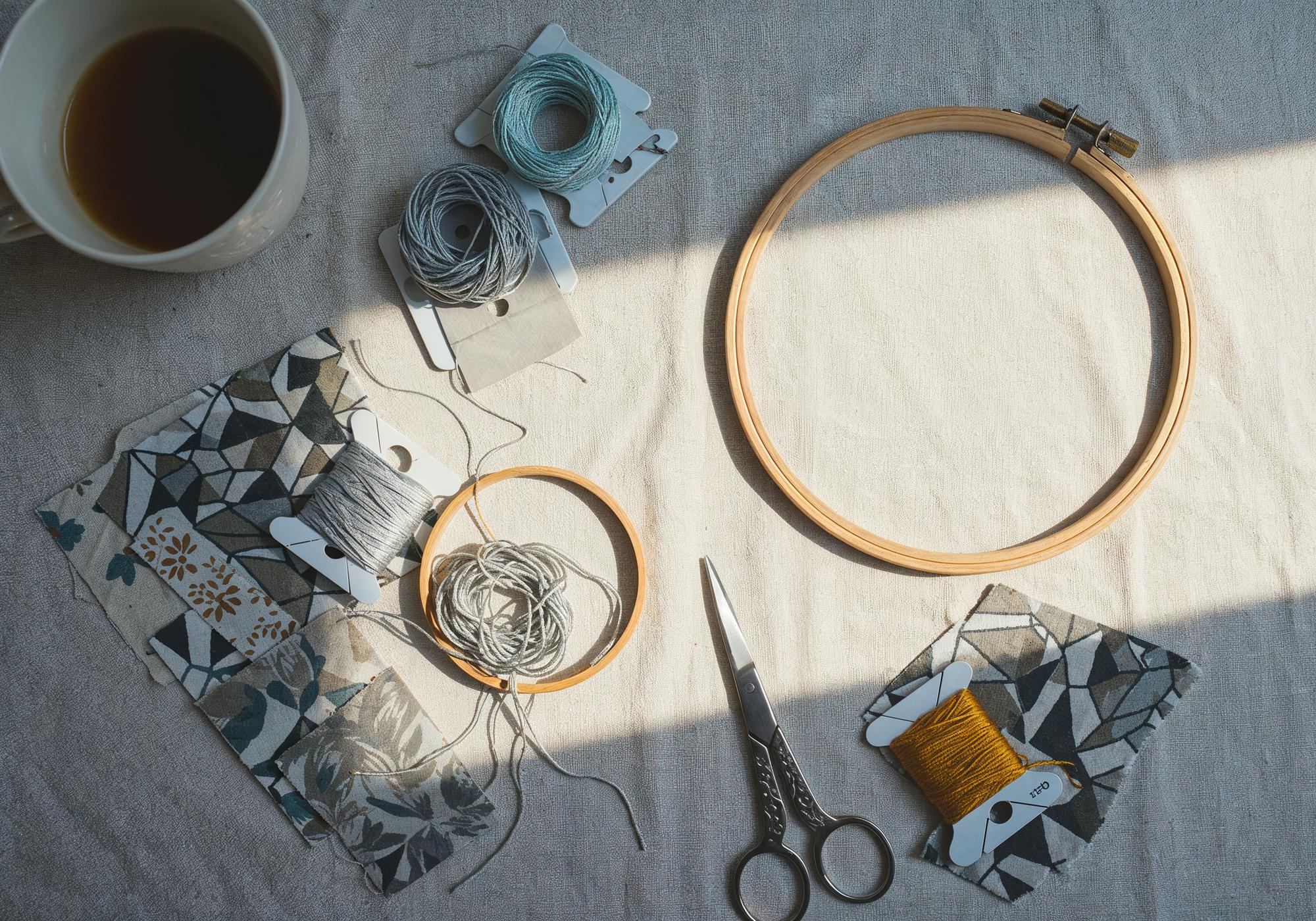 studio workbench with hoops, threads and sketches