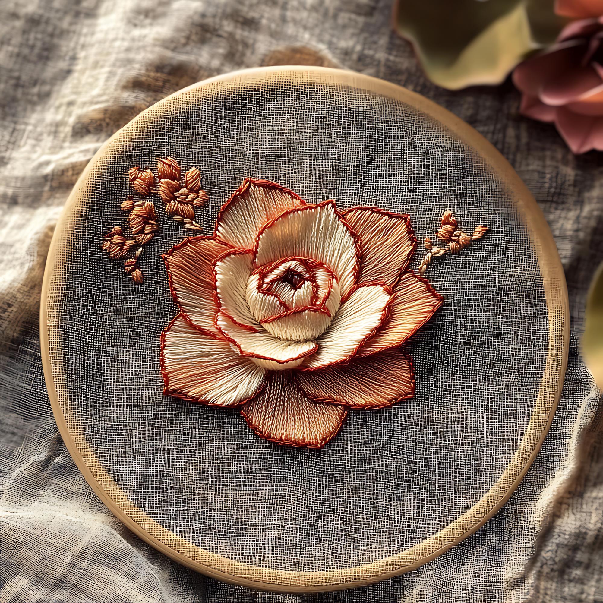 close-up of embroidered floral badge on linen